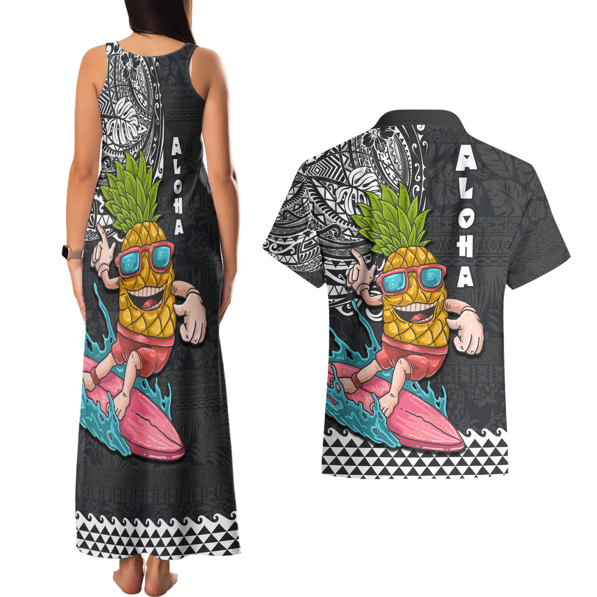 Hawaii Pineapple Surfing With Kakau Tribal Couples Matching Tank Maxi Dress and Hawaiian Shirt LT03 - Polynesian Pride
