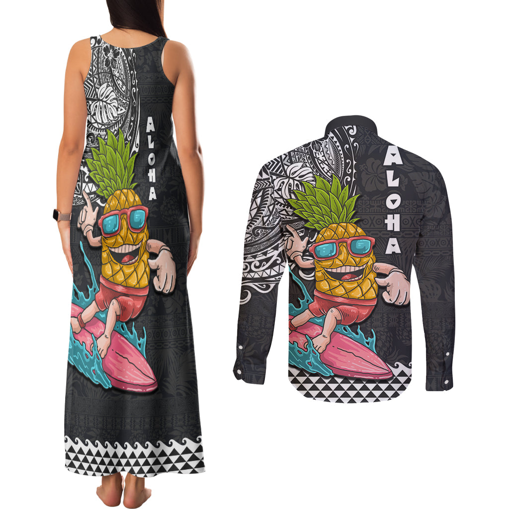 Hawaii Pineapple Surfing With Kakau Tribal Couples Matching Tank Maxi Dress and Long Sleeve Button Shirt LT03 - Polynesian Pride