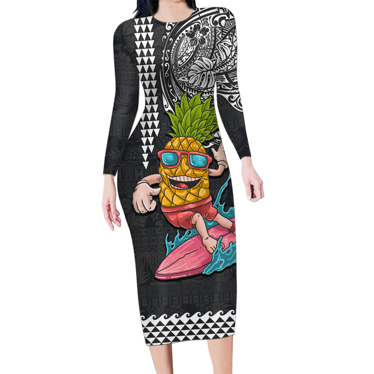 Hawaii Pineapple Surfing With Kakau Tribal Family Matching Long Sleeve Bodycon Dress and Hawaiian Shirt LT03 Mom's Dress Brown - Polynesian Pride