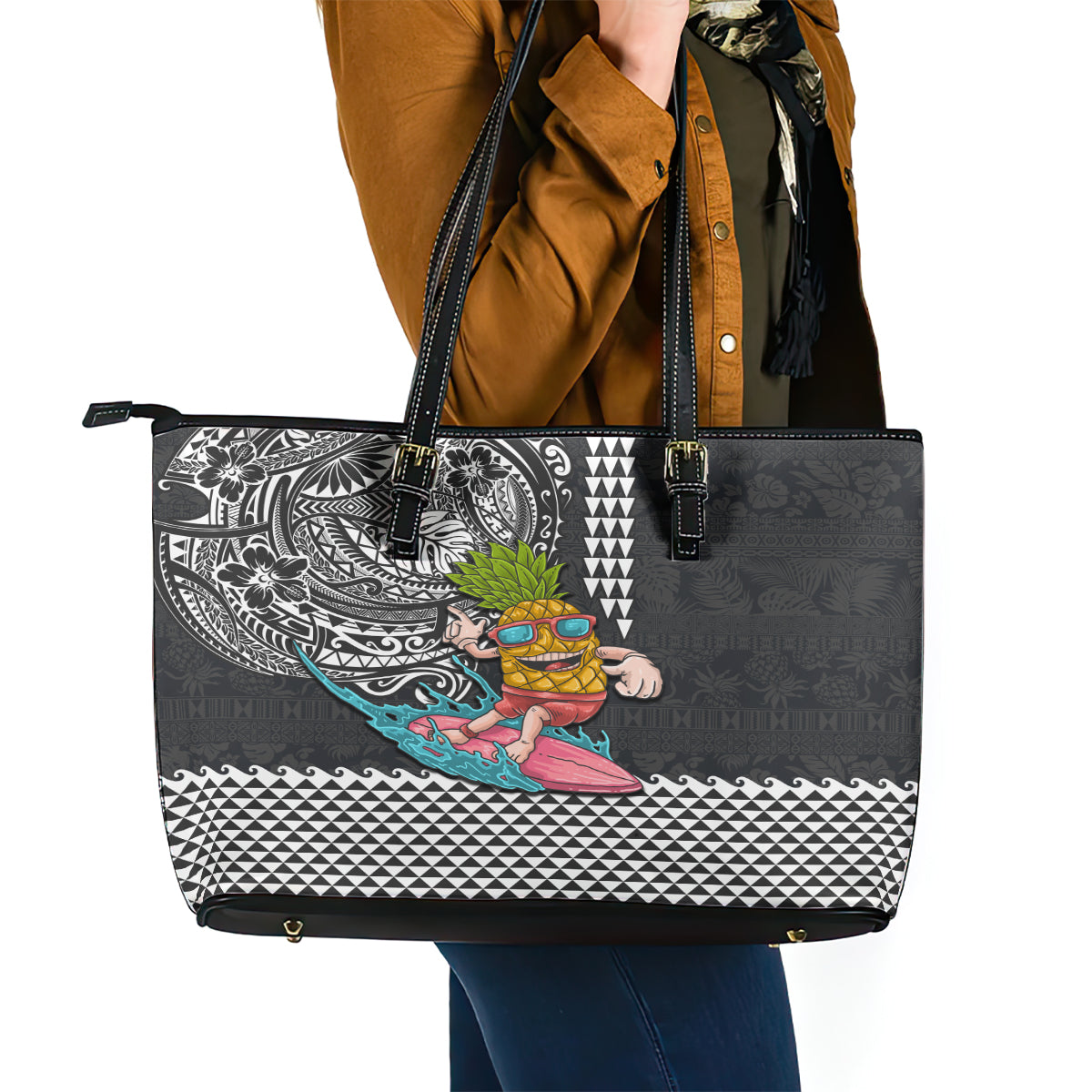 Hawaii Pineapple Surfing With Kakau Tribal Leather Tote Bag LT03 - Polynesian Pride