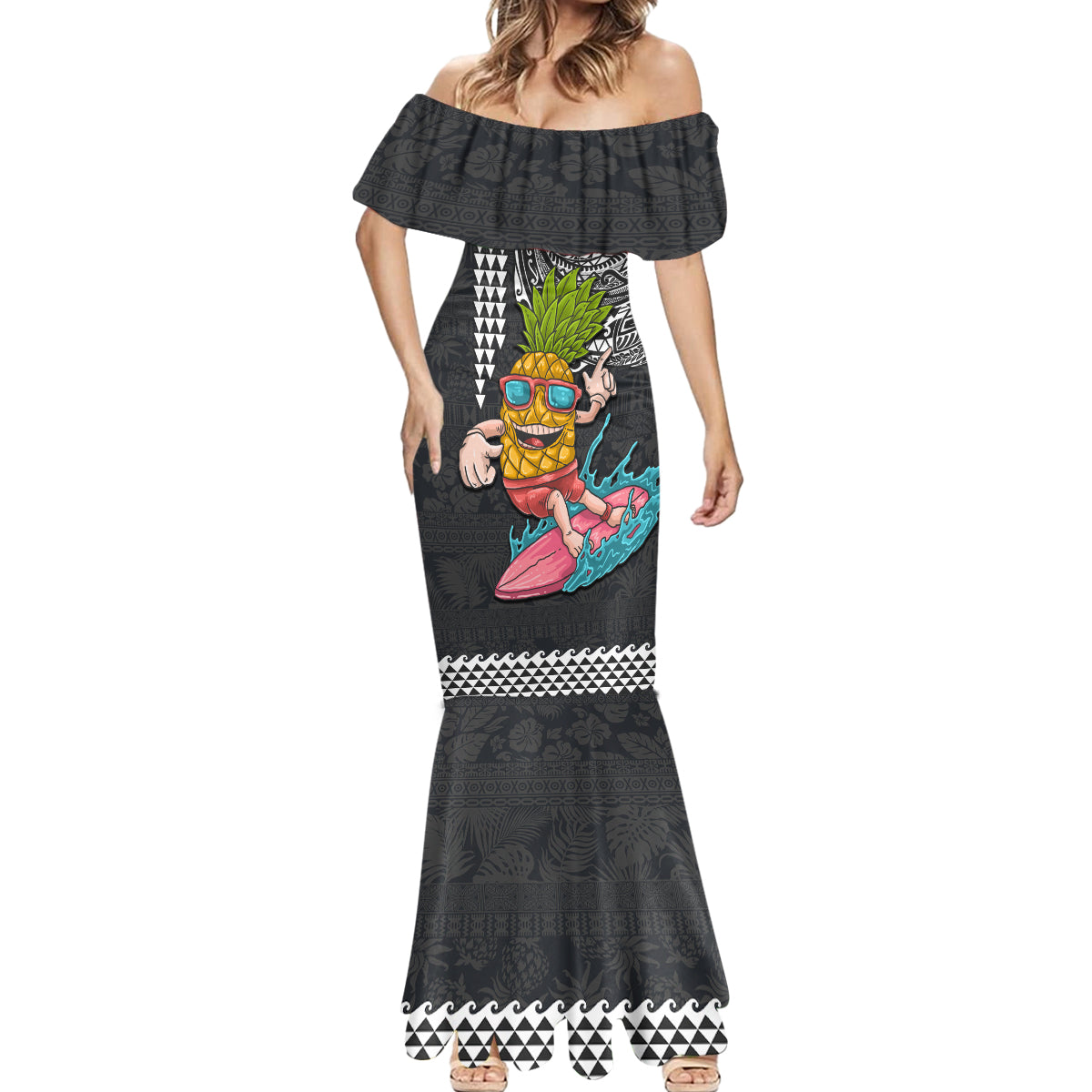 Hawaii Pineapple Surfing With Kakau Tribal Mermaid Dress LT03 - Polynesian Pride