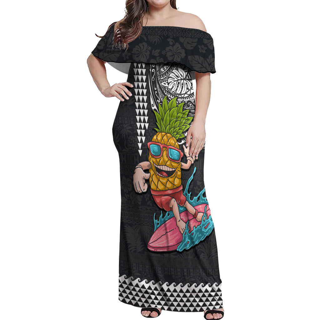 Hawaii Pineapple Surfing With Kakau Tribal Off Shoulder Maxi Dress LT03 Women Brown - Polynesian Pride