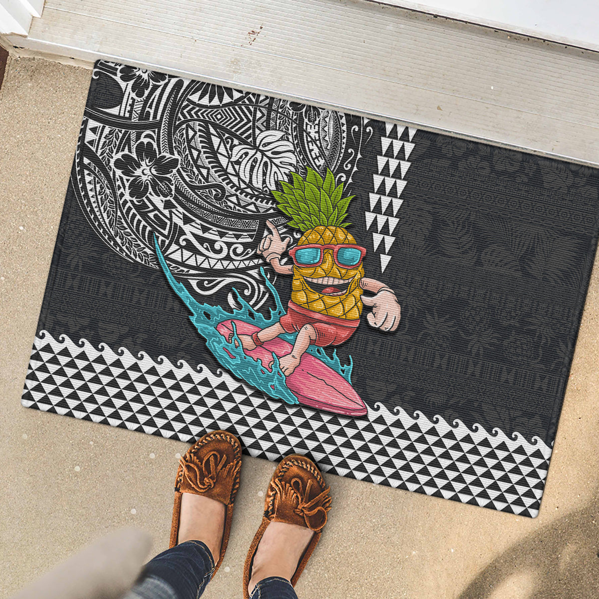 Hawaii Pineapple Surfing With Kakau Tribal Rubber Doormat LT03 - Polynesian Pride