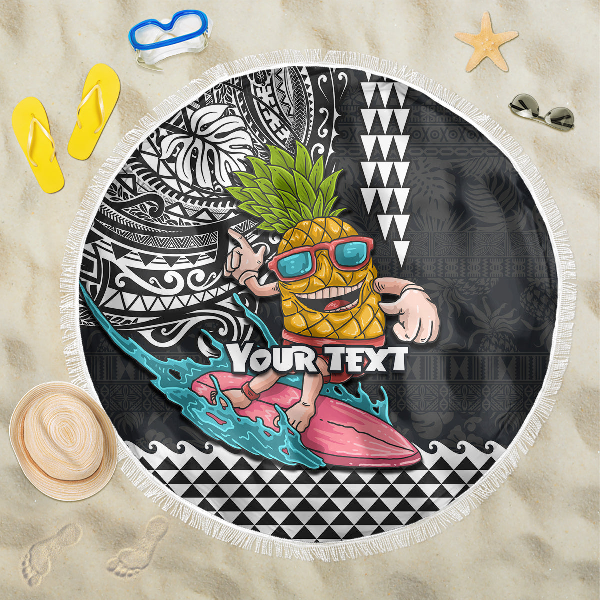 Hawaii Pineapple Surfing Kakau Tribal Personalised Beach Blanket LT03 One Size 150cm Brown - Polynesian Pride