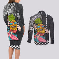 Hawaii Pineapple Surfing Kakau Tribal Personalised Couples Matching Long Sleeve Bodycon Dress and Long Sleeve Button Shirt LT03 - Polynesian Pride