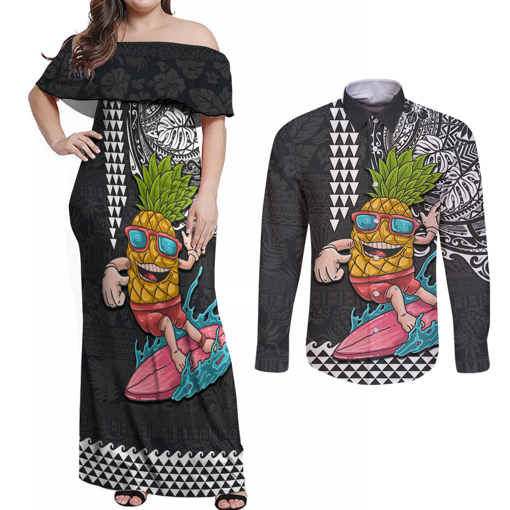 Hawaii Pineapple Surfing Kakau Tribal Personalised Couples Matching Off Shoulder Maxi Dress and Long Sleeve Button Shirt LT03 Brown - Polynesian Pride