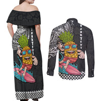 Hawaii Pineapple Surfing Kakau Tribal Personalised Couples Matching Off Shoulder Maxi Dress and Long Sleeve Button Shirt LT03 - Polynesian Pride