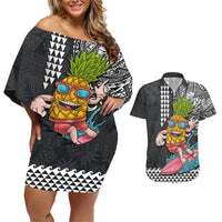 Hawaii Pineapple Surfing Kakau Tribal Personalised Couples Matching Off Shoulder Short Dress and Hawaiian Shirt LT03 Brown - Polynesian Pride