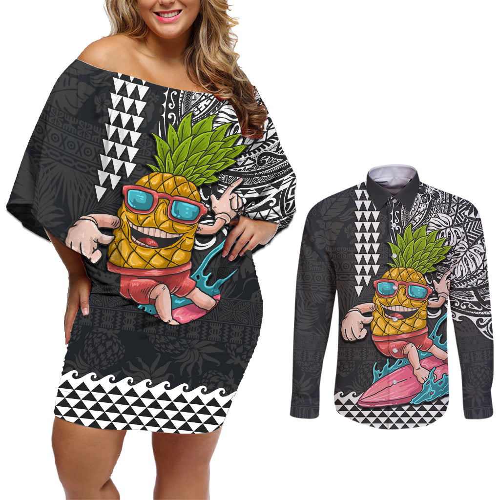 Hawaii Pineapple Surfing Kakau Tribal Personalised Couples Matching Off Shoulder Short Dress and Long Sleeve Button Shirt LT03 Brown - Polynesian Pride