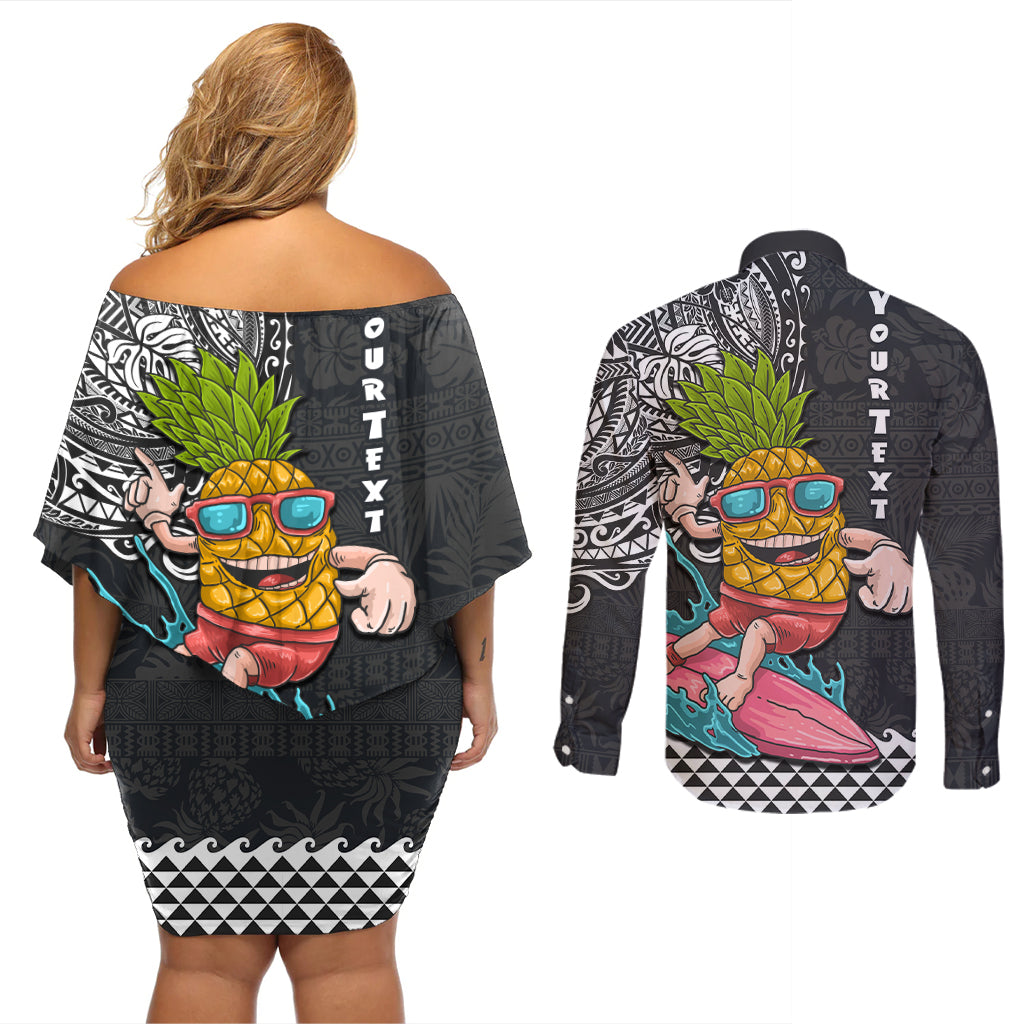 Hawaii Pineapple Surfing Kakau Tribal Personalised Couples Matching Off Shoulder Short Dress and Long Sleeve Button Shirt LT03 - Polynesian Pride