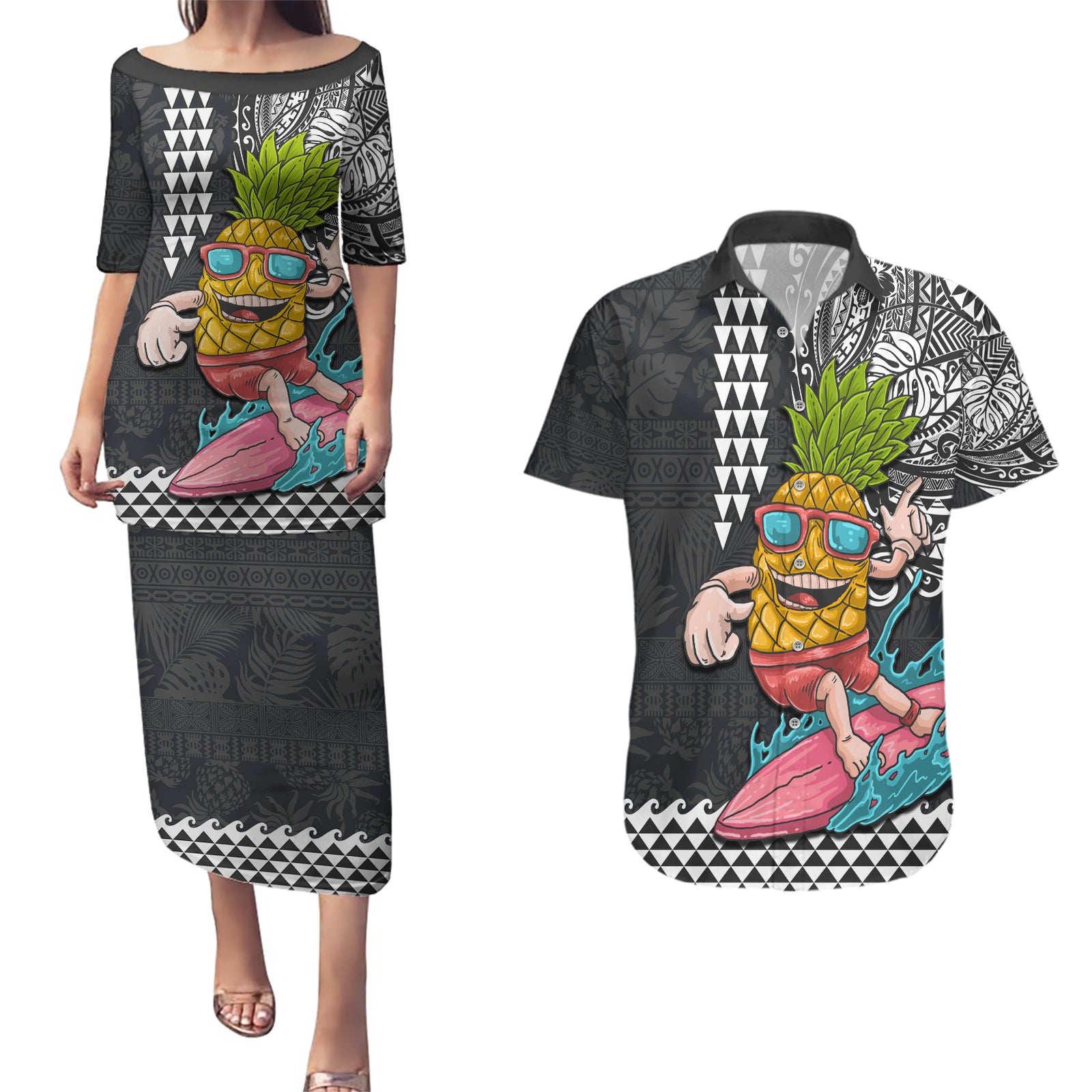 Hawaii Pineapple Surfing Kakau Tribal Personalised Couples Matching Puletasi Dress and Hawaiian Shirt LT03 Brown - Polynesian Pride