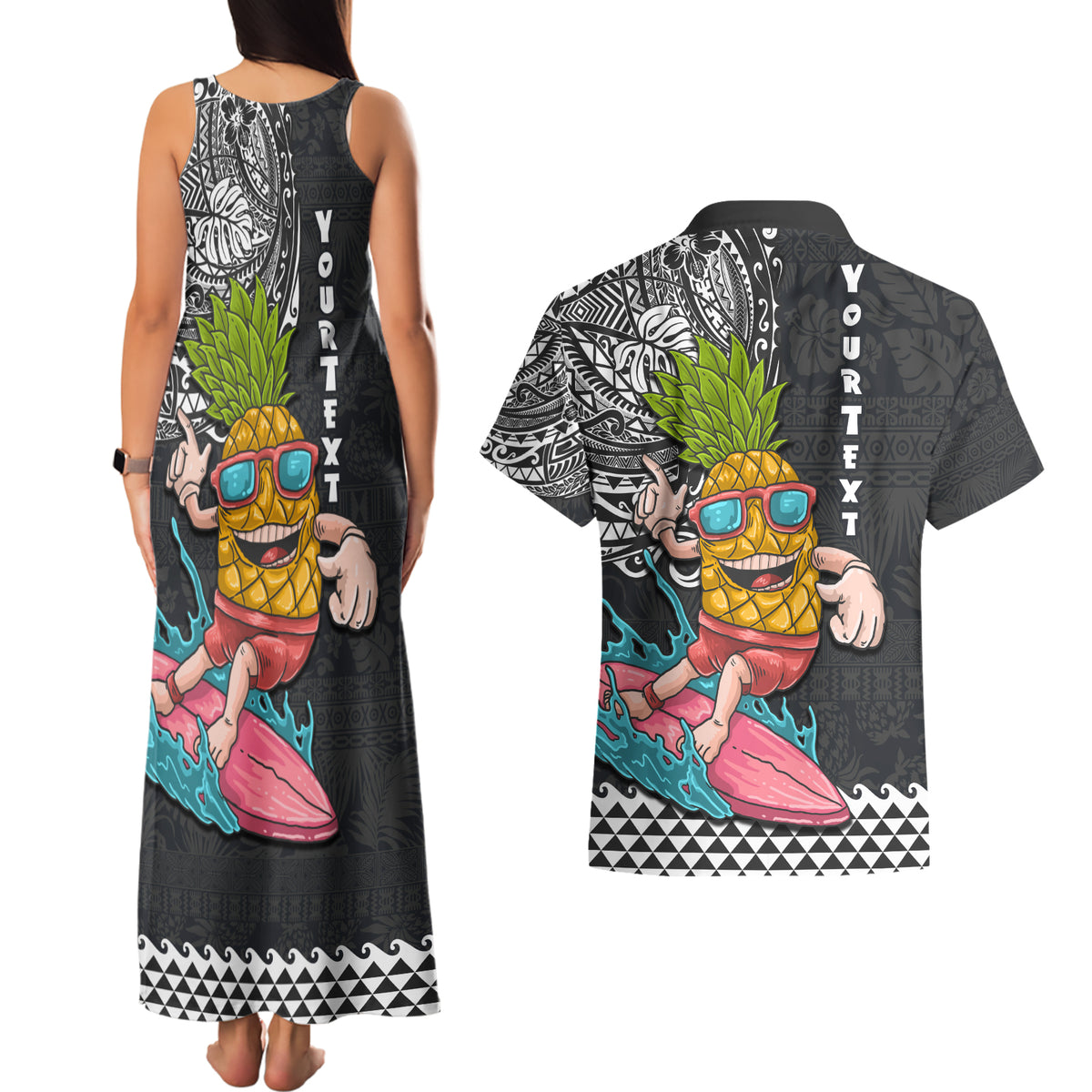 Hawaii Pineapple Surfing Kakau Tribal Personalised Couples Matching Tank Maxi Dress and Hawaiian Shirt LT03 - Polynesian Pride