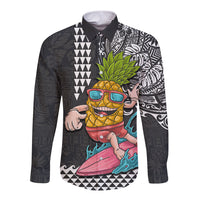 Hawaii Pineapple Surfing Kakau Tribal Personalised Long Sleeve Button Shirt LT03 Unisex Brown - Polynesian Pride