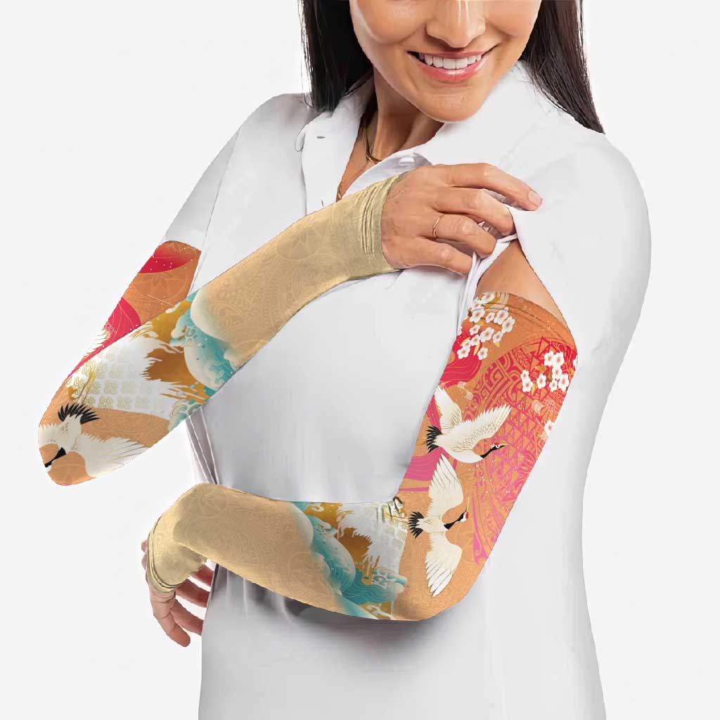 Hawaiian and Japanese Culture Together Arm Sleeves Kakau Art Tattoo with Cranes and Sakura Spring Vibe - Polynesian Pride