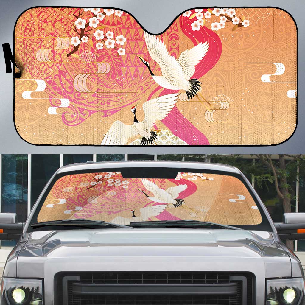 Hawaiian and Japanese Culture Together Auto Sun Shade Kakau Art Tattoo with Cranes and Sakura Spring Vibe - Polynesian Pride