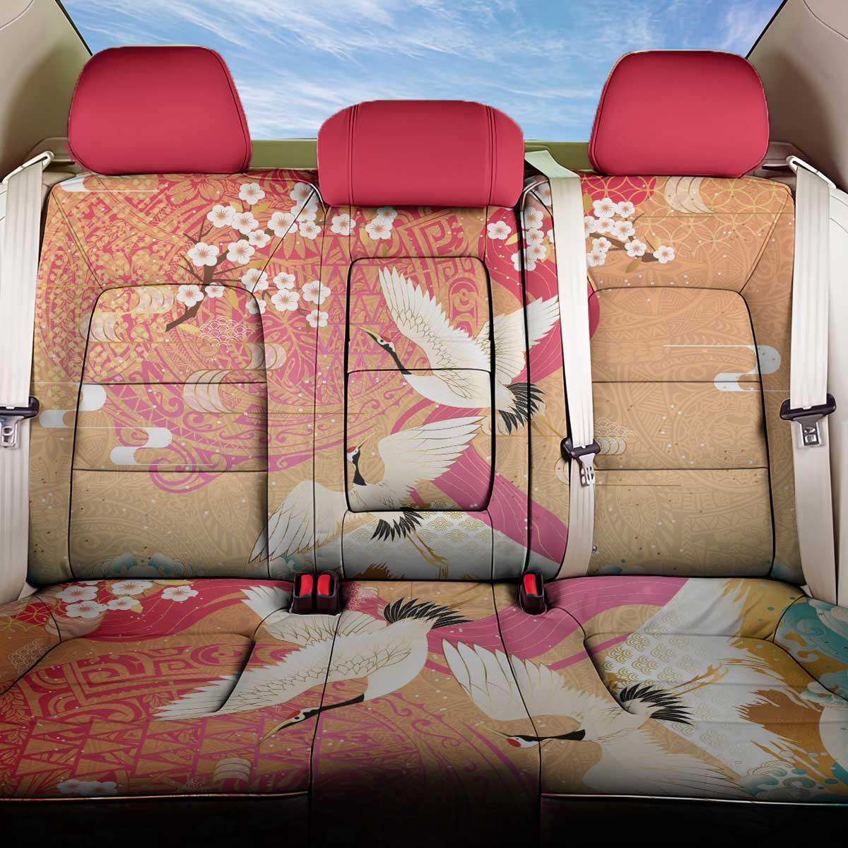 Hawaiian and Japanese Culture Together Back Car Seat Cover Kakau Art Tattoo with Cranes and Sakura Spring Vibe - Polynesian Pride