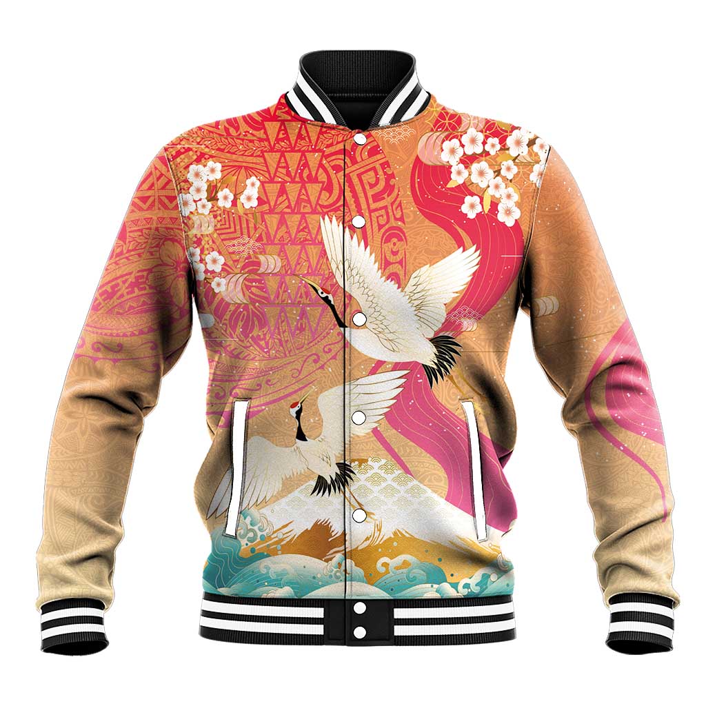 Hawaiian and Japanese Culture Together Baseball Jacket Kakau Art Tattoo with Cranes and Sakura Spring Vibe - Polynesian Pride