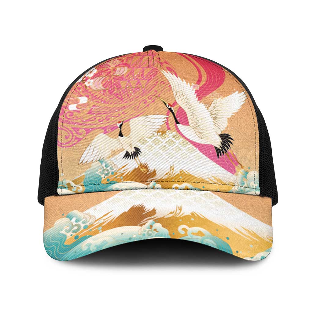 Hawaiian and Japanese Culture Together Baseball Net Cap Kakau Art Tattoo with Cranes and Sakura Spring Vibe - Polynesian Pride