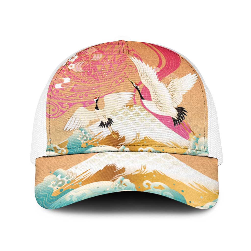 Hawaiian and Japanese Culture Together Baseball Net Cap Kakau Art Tattoo with Cranes and Sakura Spring Vibe - Polynesian Pride