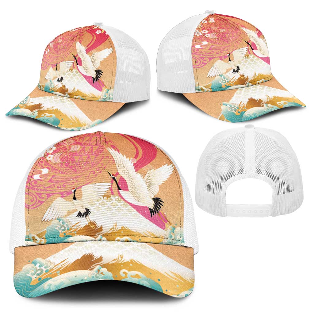 Hawaiian and Japanese Culture Together Baseball Net Cap Kakau Art Tattoo with Cranes and Sakura Spring Vibe - Polynesian Pride