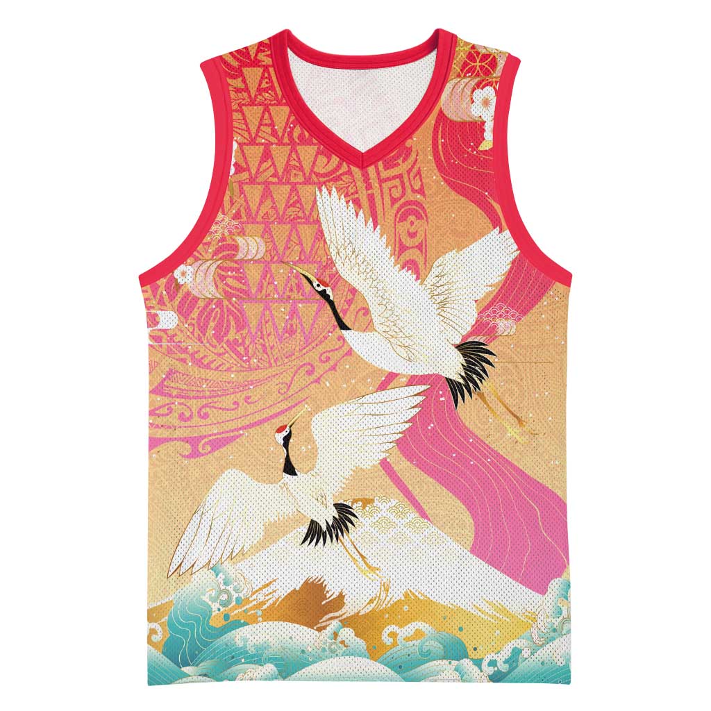 Hawaiian and Japanese Culture Together Basketball Jersey Kakau Art Tattoo with Cranes and Sakura Spring Vibe - Polynesian Pride