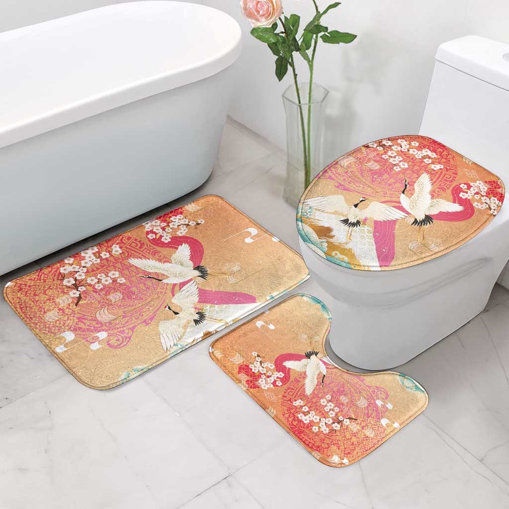 Hawaiian and Japanese Culture Together Bathroom Set Kakau Art Tattoo with Cranes and Sakura Spring Vibe - Polynesian Pride
