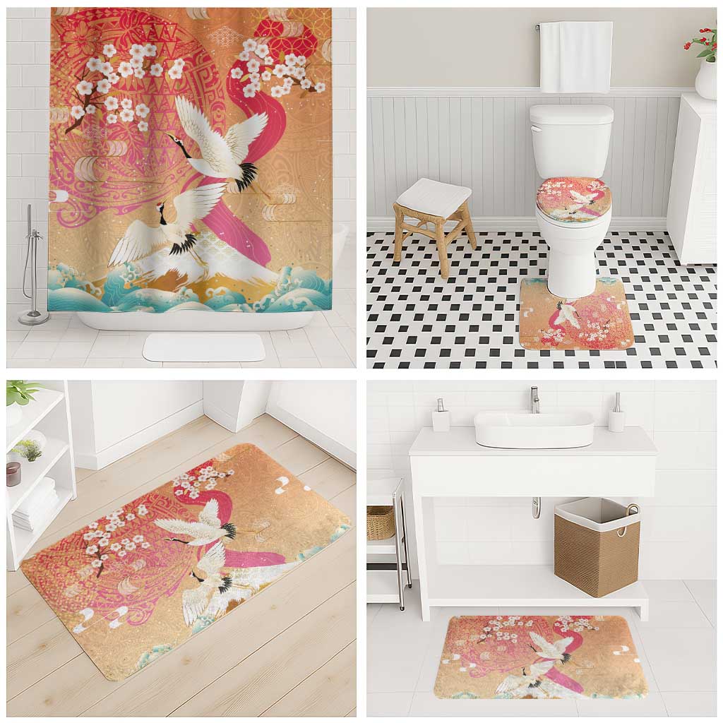 Hawaiian and Japanese Culture Together Bathroom Set Kakau Art Tattoo with Cranes and Sakura Spring Vibe - Polynesian Pride