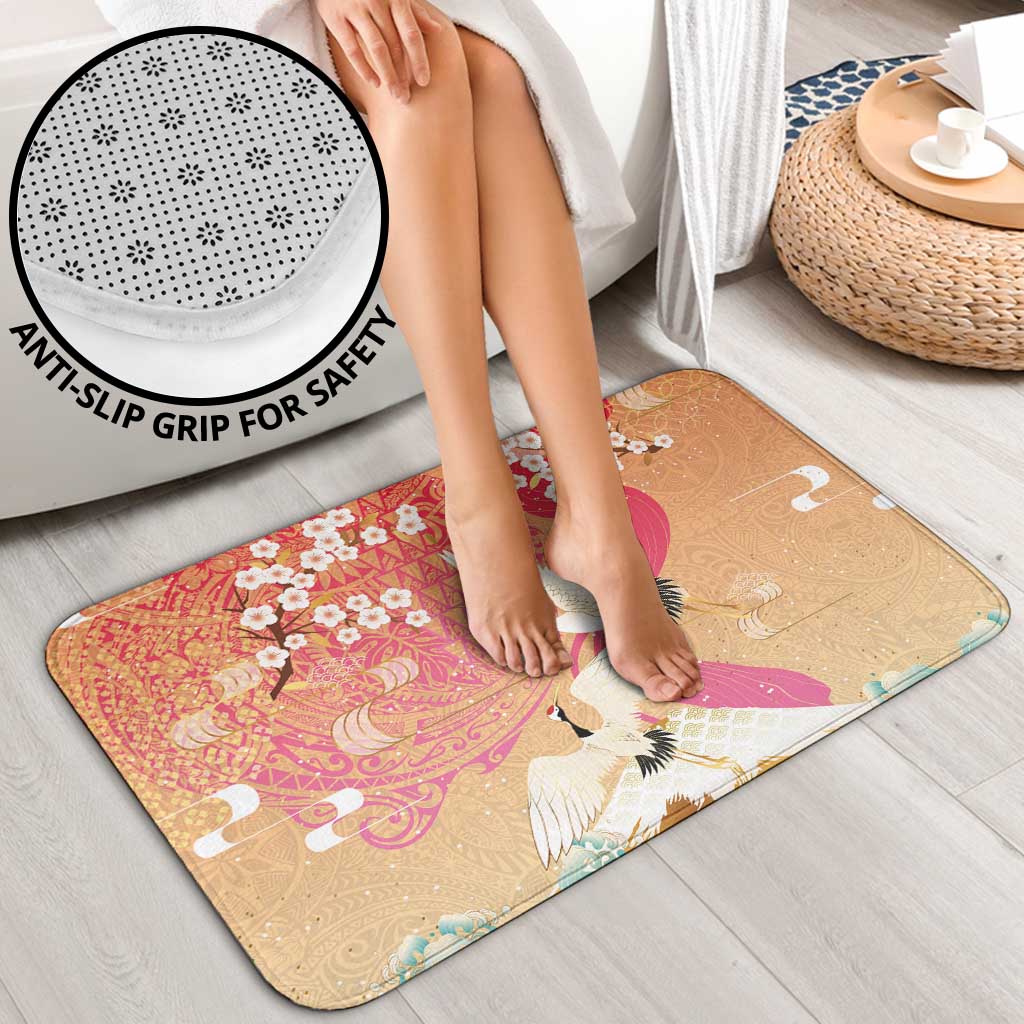 Hawaiian and Japanese Culture Together Bathroom Set Kakau Art Tattoo with Cranes and Sakura Spring Vibe - Polynesian Pride