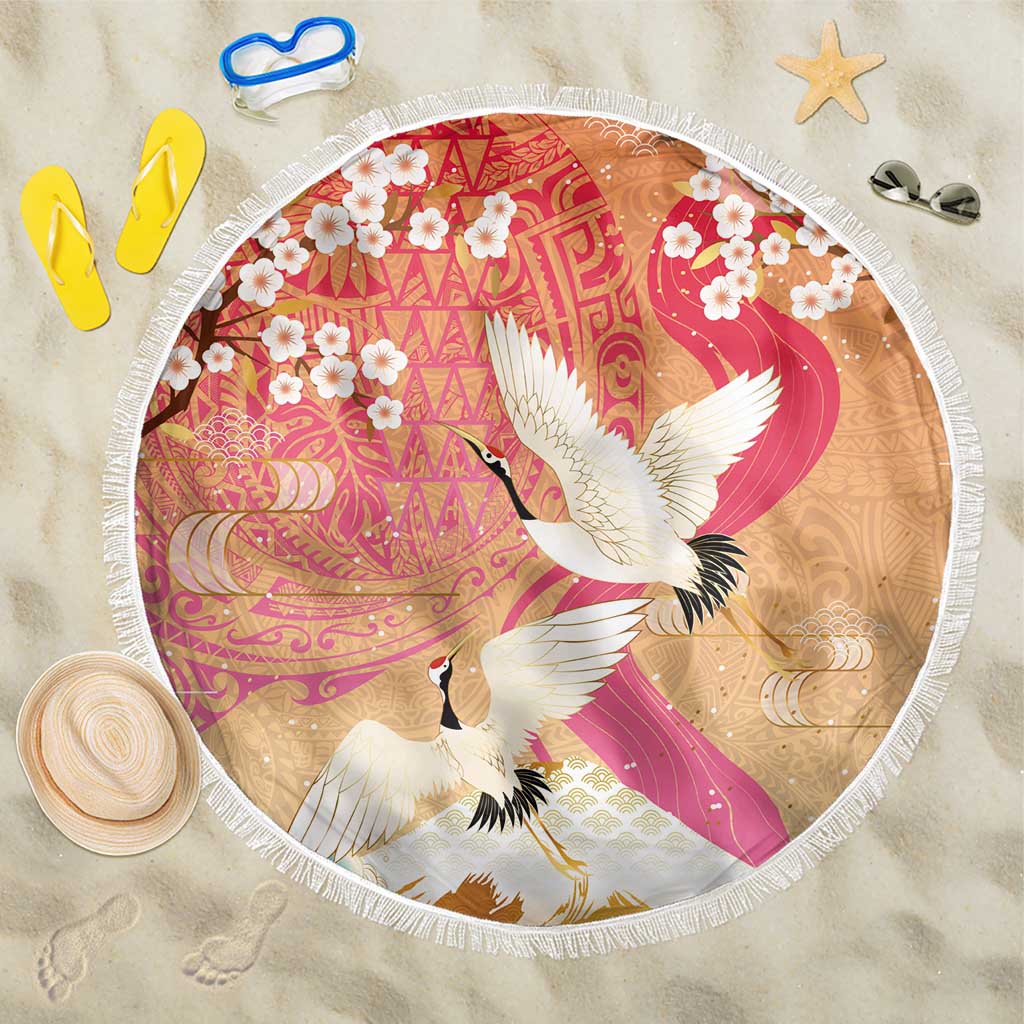 Hawaiian and Japanese Culture Together Beach Blanket Kakau Art Tattoo with Cranes and Sakura Spring Vibe - Polynesian Pride