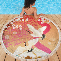 Hawaiian and Japanese Culture Together Beach Blanket Kakau Art Tattoo with Cranes and Sakura Spring Vibe - Polynesian Pride