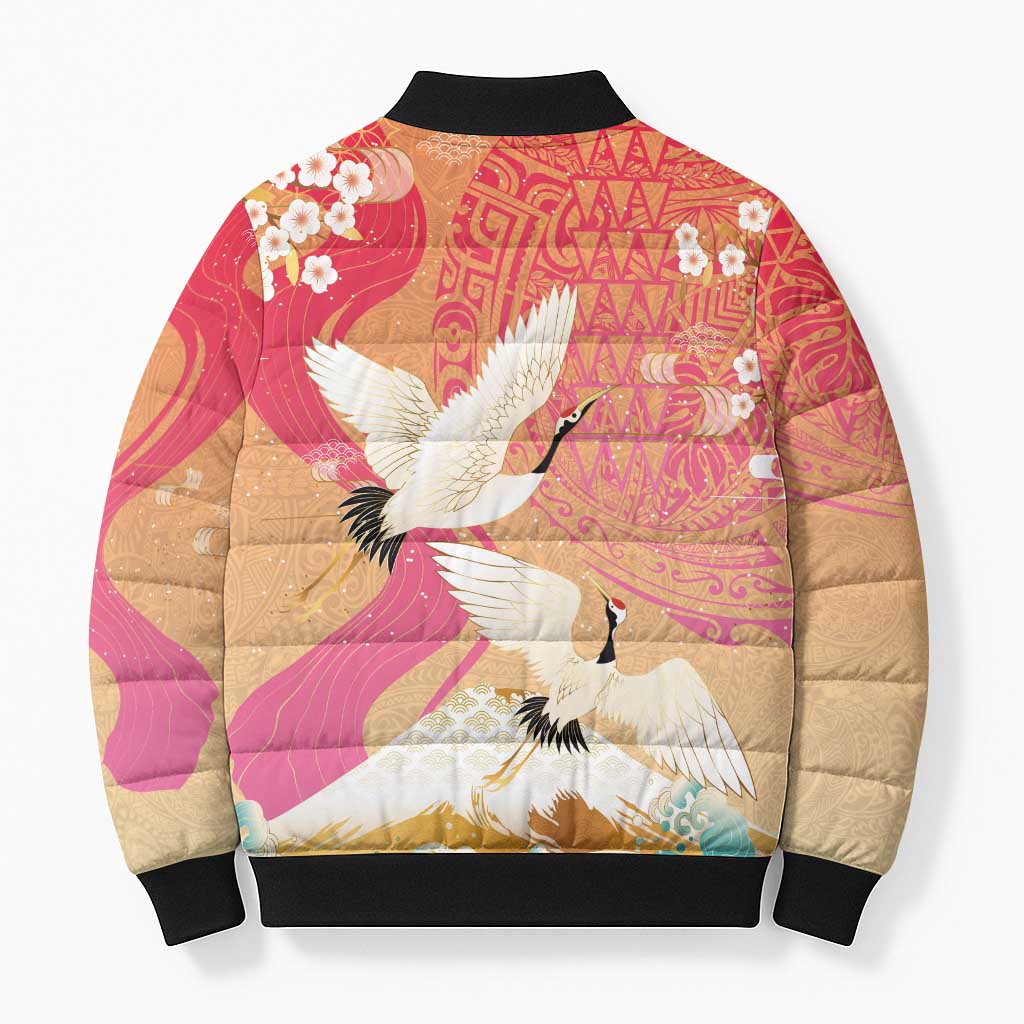 Hawaiian and Japanese Culture Together Bomber Puffer Jacket Kakau Art Tattoo with Cranes and Sakura Spring Vibe - Polynesian Pride