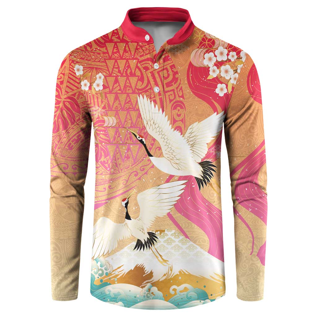 Hawaiian and Japanese Culture Together Button Sweatshirt Kakau Art Tattoo with Cranes and Sakura Spring Vibe - Polynesian Pride