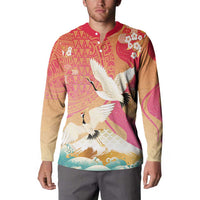 Hawaiian and Japanese Culture Together Button Sweatshirt Kakau Art Tattoo with Cranes and Sakura Spring Vibe - Polynesian Pride