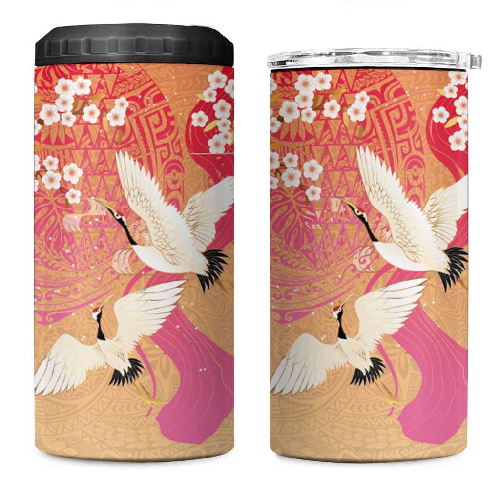 Hawaiian and Japanese Culture Together 4 in 1 Can Cooler Tumbler Kakau Art Tattoo with Cranes and Sakura Spring Vibe - Polynesian Pride