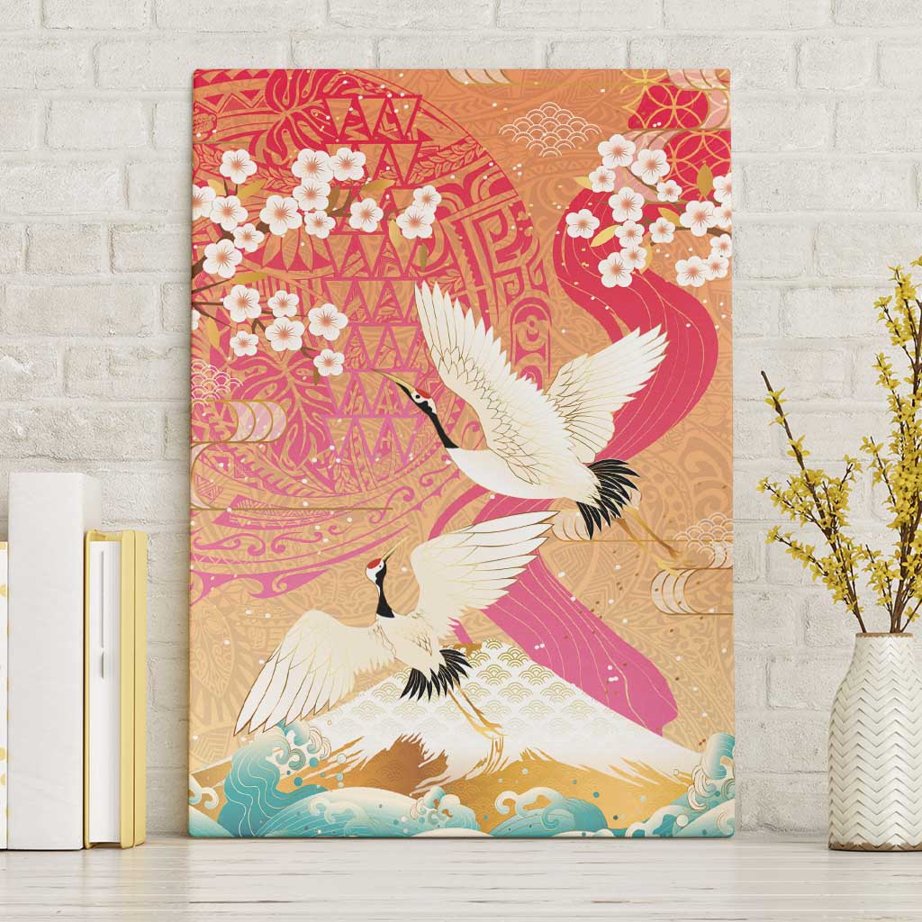 Hawaiian and Japanese Culture Together Canvas Wall Art Kakau Art Tattoo with Cranes and Sakura Spring Vibe - Polynesian Pride