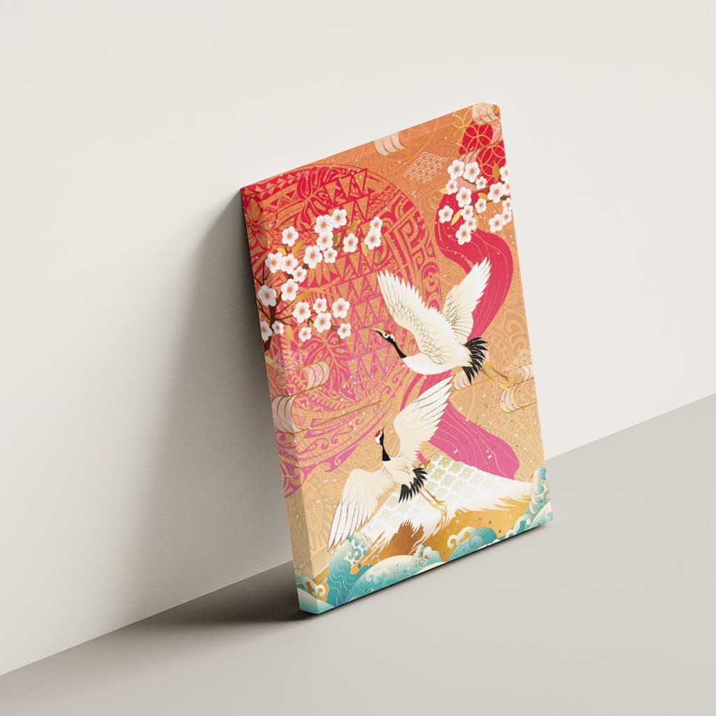 Hawaiian and Japanese Culture Together Canvas Wall Art Kakau Art Tattoo with Cranes and Sakura Spring Vibe - Polynesian Pride