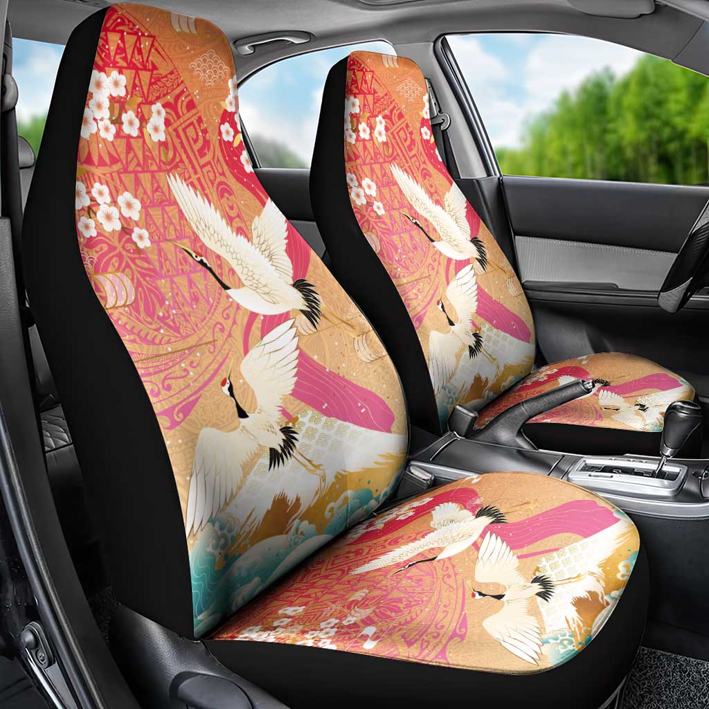 Hawaiian and Japanese Culture Together Car Seat Cover Kakau Art Tattoo with Cranes and Sakura Spring Vibe - Polynesian Pride