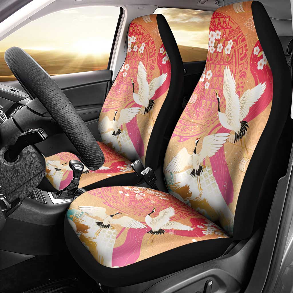 Hawaiian and Japanese Culture Together Car Seat Cover Kakau Art Tattoo with Cranes and Sakura Spring Vibe - Polynesian Pride