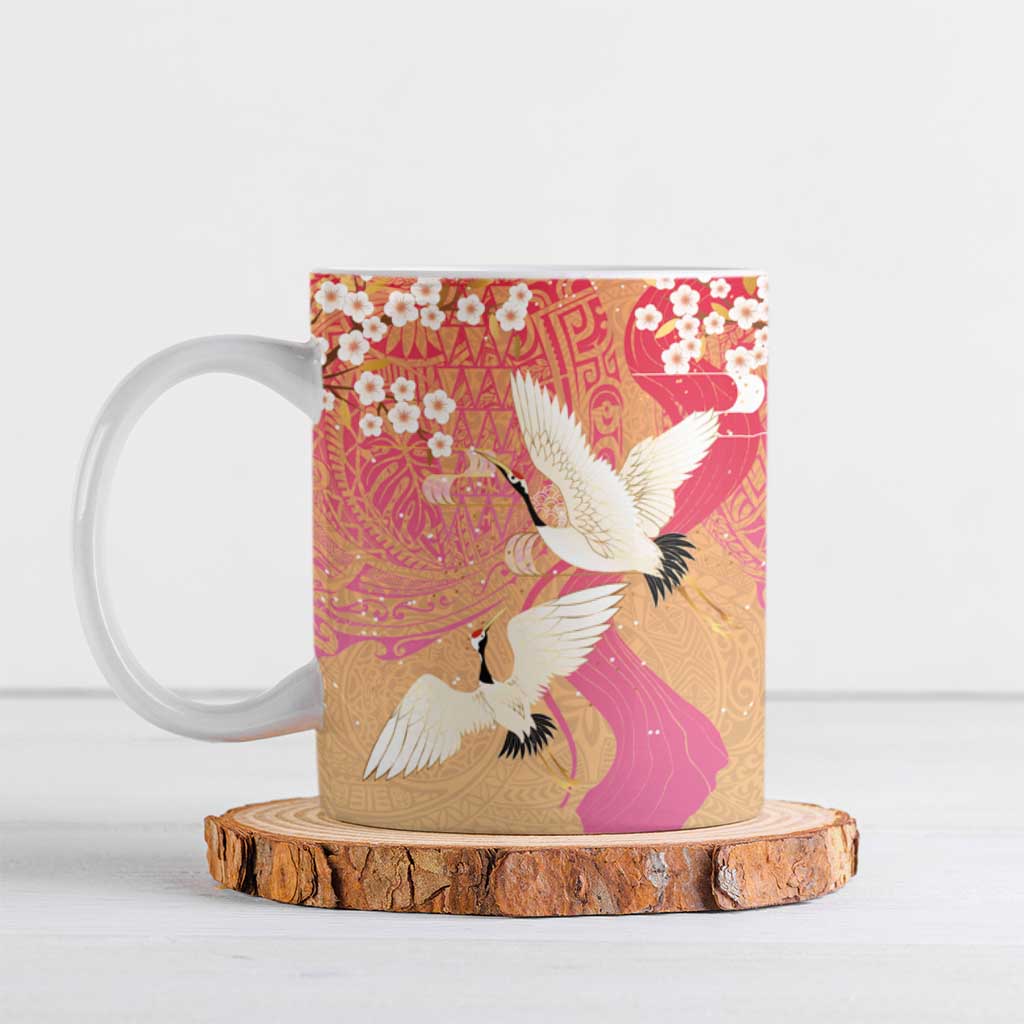 Hawaiian and Japanese Culture Together Ceramic Mug Kakau Art Tattoo with Cranes and Sakura Spring Vibe - Polynesian Pride