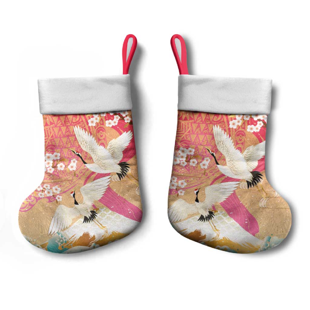 Hawaiian and Japanese Culture Together Christmas Stocking Kakau Art Tattoo with Cranes and Sakura Spring Vibe - Polynesian Pride