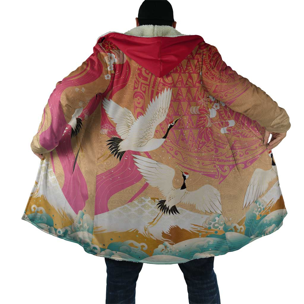 Hawaiian and Japanese Culture Together Cloak Kakau Art Tattoo with Cranes and Sakura Spring Vibe - Polynesian Pride