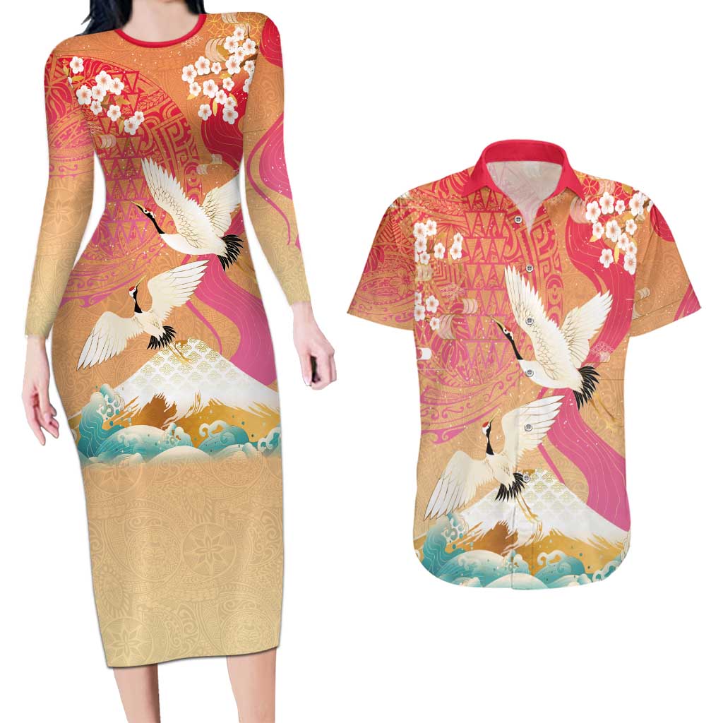 Hawaiian and Japanese Culture Together Couples Matching Long Sleeve Bodycon Dress and Hawaiian Shirt Kakau Art Tattoo with Cranes and Sakura Spring Vibe - Polynesian Pride