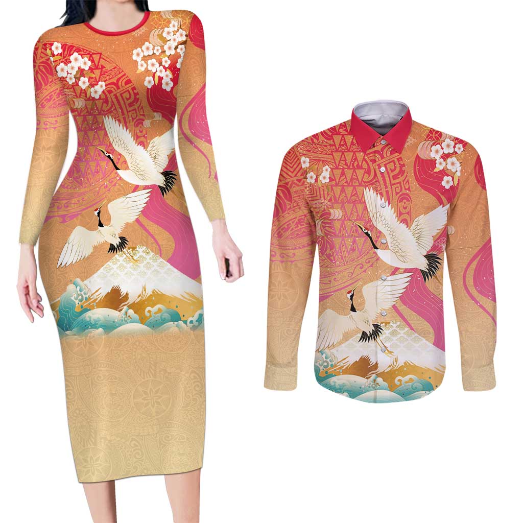 Hawaiian and Japanese Culture Together Couples Matching Long Sleeve Bodycon Dress and Long Sleeve Button Shirt Kakau Art Tattoo with Cranes and Sakura Spring Vibe - Polynesian Pride