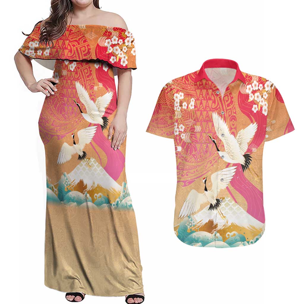 Hawaiian and Japanese Culture Together Couples Matching Off Shoulder Maxi Dress and Hawaiian Shirt Kakau Art Tattoo with Cranes and Sakura Spring Vibe - Polynesian Pride
