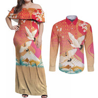 Hawaiian and Japanese Culture Together Couples Matching Off Shoulder Maxi Dress and Long Sleeve Button Shirt Kakau Art Tattoo with Cranes and Sakura Spring Vibe - Polynesian Pride