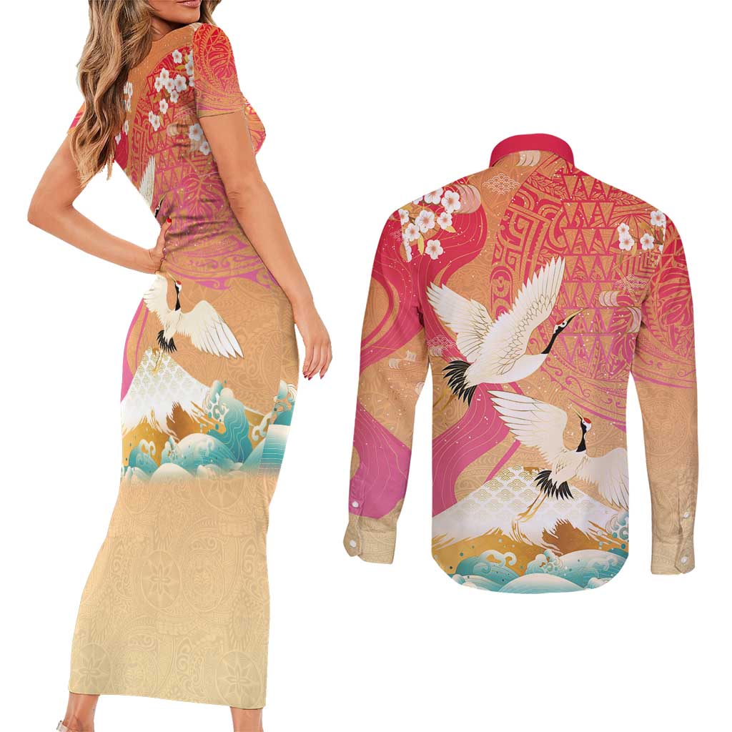 Hawaiian and Japanese Culture Together Couples Matching Short Sleeve Bodycon Dress and Long Sleeve Button Shirt Kakau Art Tattoo with Cranes and Sakura Spring Vibe - Polynesian Pride