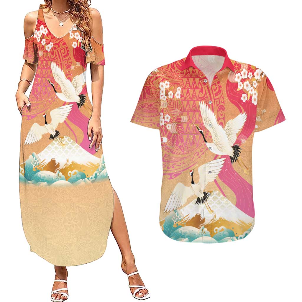 Hawaiian and Japanese Culture Together Couples Matching Summer Maxi Dress and Hawaiian Shirt Kakau Art Tattoo with Cranes and Sakura Spring Vibe - Polynesian Pride