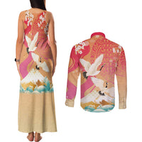 Hawaiian and Japanese Culture Together Couples Matching Tank Maxi Dress and Long Sleeve Button Shirt Kakau Art Tattoo with Cranes and Sakura Spring Vibe - Polynesian Pride