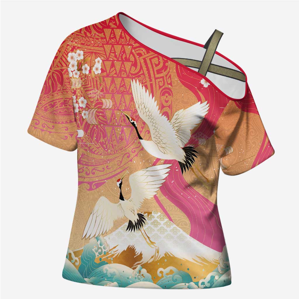 Hawaiian and Japanese Culture Together Cross Shoulder Shirt Kakau Art Tattoo with Cranes and Sakura Spring Vibe - Polynesian Pride