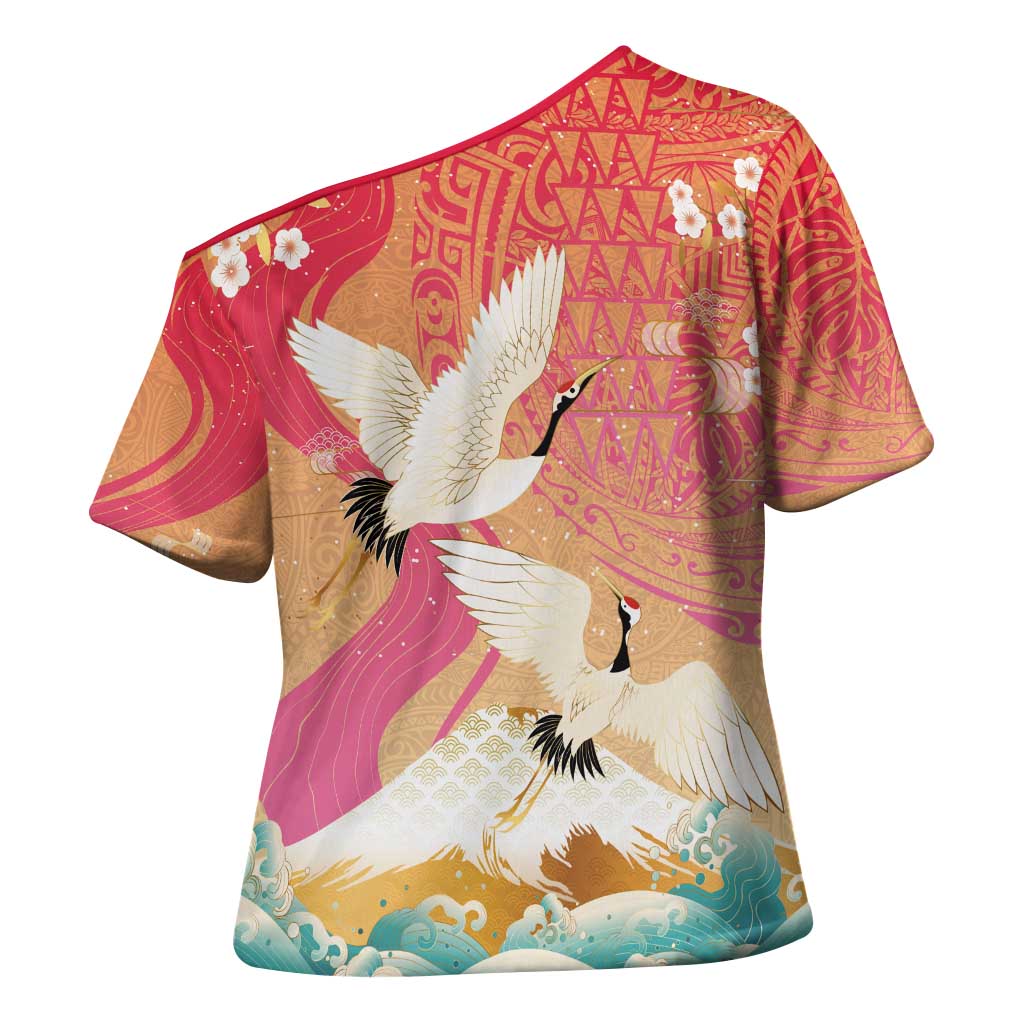 Hawaiian and Japanese Culture Together Cross Shoulder Shirt Kakau Art Tattoo with Cranes and Sakura Spring Vibe - Polynesian Pride